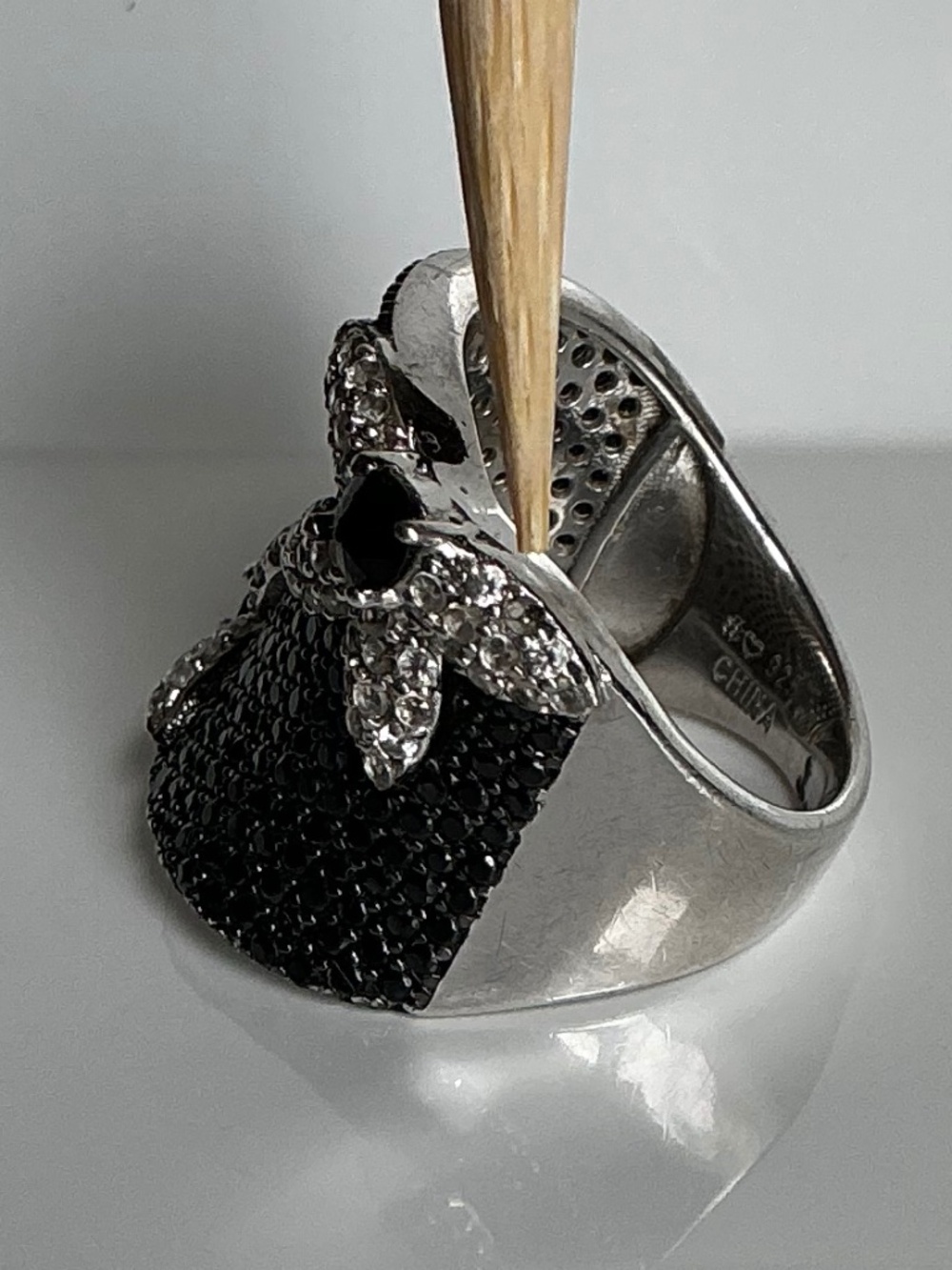 Micro Pave Black Spinel & White CZ Flower Sterling Silver Domed Ring Size 5.75 - Picture 16 of 16
